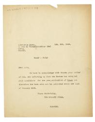 Image of a Letter from The Hogarth Press to Librairie Stock (08/10/1934)