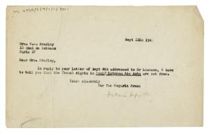 Image of a Letter from Barbara Hepworth at The Hogarth Press to Mrs. W. A. Bradley (11/09/1945)