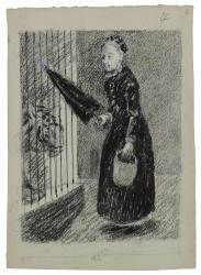 Image of black and white artwork by Duncan Grant featuring a woman with a closed umbrella looking at a tiger