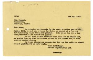 Image of typescript letter from The Hogarth Press to Pamela Diamand (01/05/1947)  page 1 of 2