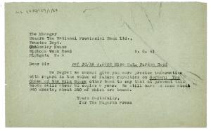 Image of typescript letter from Barbara Hepworth to National Provincial Bank Limited (06/06/1941) page 1 of 1