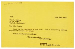 Image of typescript letter from The Hogarth Press to Katherine Mary Rose Kenyon (11/06/1947) page 1 of 1