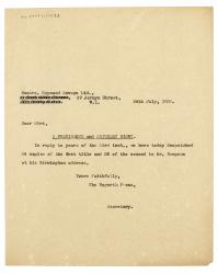 Image of typescript letter from The Hogarth Press to Raymond Savage Ltd (24/07/1934) page 1 of 1