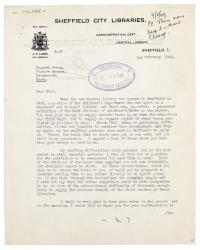 Image of typescript letter from Sheffield City Libraries to The Hogarth Press: 02/02/1949 page 1 of 2