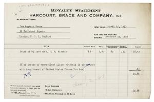 Image of typescript royalty statement from Harcourt, Brace and Co. to The Hogarth Press (25/31/1931) page 1 of 1 