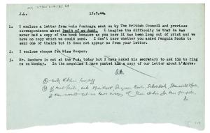 Image of typescript internal note written by Barbara Hepworth  for John Lehmann (15/08/1944) page 1 of 1