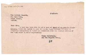 Image of typescript letter from Barbara Hepworth to The British Council (10/10/1944) page 1 of 1