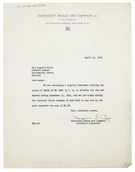 Image of typescript letter from Harcourt Brace and Company inc to The Hogarth Press (24/04/1946) page 1 of 2