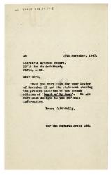 Image of typescript letter from Aline Burch to Librairie Arthème Fayard (25/11/1947) page 1 of 1