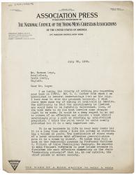Image of typescript letter from Association Press publication department of the National Council of the Young Men's Christian Associations to Norman Leys (29/06/1925) page 1 of 2
