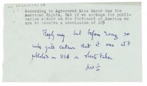 Image of typescript note regarding American Rights related to 'The Rectors Daughter'  page 1 of 1