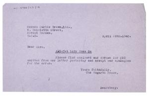 Image of typescript letter from The Hogarth Press to Curtis Brown Ltd (26/04/1940) page 1 of 1