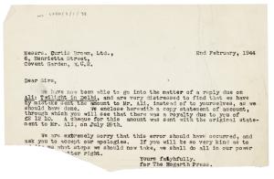 Image of typescript letter from The Hogarth Press to Curtis Brown Ltd. (02/02/1944) page 1 of 1
