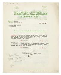 Image of typescript letter from The Garden City Press Ltd to The Hogarth Press (09/05/1941) page1 of 2
