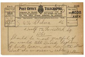 Image of handwritten telegram from William Plomer to Leonard Woolf (08/10/1931) page 1 of 2