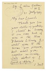Image of typescript letter from William Plomer to Leonard Woolf (21/07/1949) page 1 of 2 