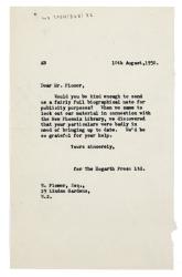 Image of typescript letter from Aline Burch to William Plomer (10/08/1950) page 1 of 1
