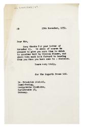 Image of typescript Letter from Aline Burch to Insel-Verlag (29/11/1951)  page 1 of 1