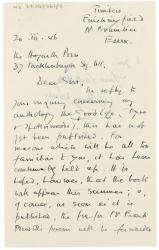 Image of handwritten letter from Clarence Henry Warren to The Hogarth Press (20/04/1946) page 1 of 2 