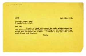 Image of typescript letter on bright yellow paper from Leonard Woolf to Samuel Solomonovich Koteliansky (01/07/1947) page 1 of 1