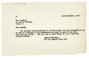 Image of typescript letter from Aline Burch to Jenny Bradley (23/09/1947) page 1 of 1 