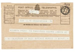 Image of telegram from Leonard Woolf to The Hogarth Press (1928) page 1 of 2