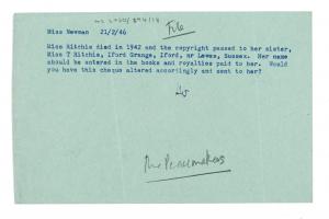 Image of typescript memo from Leonard Woolf to Miss Cherell Newman (21/02/1946) page 1 of 1