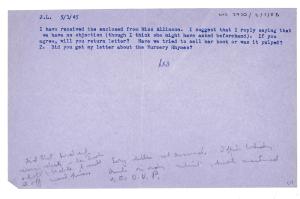 Image of the typescript covering memo attached to the letter. Typed on purple paper with handwritten annotation