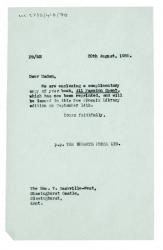 Image of typescript letter from The Hogarth Press to Vita Sackville-West (30/08/1950) page 1 of 1