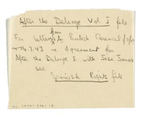Image of handwritten filing note relating to After the Deluge volume 1 page 1 of 1