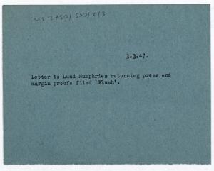 Image of typescript note regarding Percy Lund Humphries & Co (03/03/1947) page 1 of 1