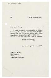 Image of typescript letter from Aline Burch to Vanessa Bell (27/03/1950)  page 1 of 1