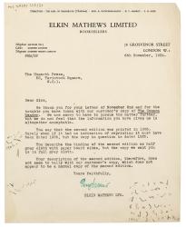 Image of typescript letter from Elkin Matthews Ltd to The Hogarth Press (06/11/1934) page 1 of 1