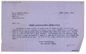 Image of first typescript letter from The Hogarth Press to Gordon A Baxter (18/04/1940) image 1 of 2