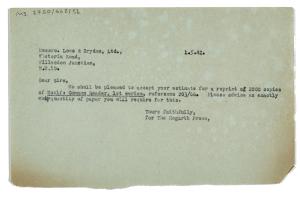 Image of typescript letter from The Hogarth Press to Lowe and Brydon Ltd (01/05/1942) page 1 of 1