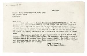 Image of typescript letter from the Hogarth Press to Percy Lund Humphries & Company (10/05/1945) page 1  of 1