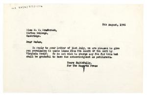 Typescript letter from the Hogarth Press to Miss M. C. Bradbook (08/08/1946) page 1 of 1