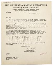 Image of typescript letter from the British Broadcasting Corporation to the Hogarth Press (14/02/1947) page 1 of 1