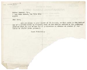 Image of typescript letter from The Hogarth Press to Julian Messner Inc. (01/03/1944) page 1 of 2