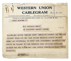Image of typescript cablegram from Harcourt Brace and Company Inc. to Virginia Woolf (1930) page 1 of 2