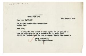 Image of typescript letter from The Hogarth Press to The British Broadcasting Corporation (BBC) (23/08/1946) page 1 of 1