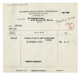 Image of a Receipt from The BBC for broadcasting an A Room of One's Own excerpt (1947) [1]