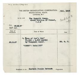 Image of a Receipt from The BBC for broadcasting an A Room of One's Own excerpt (1947) [2]
