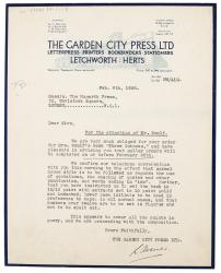 Image of typescript letter from the Garden City Press to the Hogarth Press (09/02/1938) page 1 of 1 