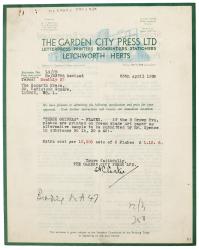 Image of typescript letter from The Garden City Press Ltd to The Hogarth Press (01/05/1940) page 1 of 2 