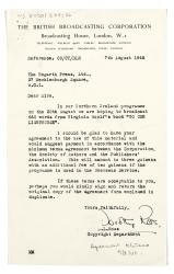 Image of typescript letter from The British Broadcasting Corporation to The Hogarth Press (07/08/1946) page 1 of 1