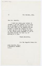 Image of typescript letter from Aline Burch to John Carroll (08/10/1952) page 1 of 1