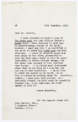 Image of typescript letter from Aline Burch to John Carroll (18/12/1952) page 1 of 1