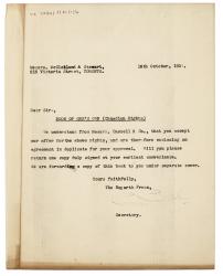 Image of typescript letter from Peggy Belsher to McClelland & Stewart Ltd (16/10/1931) page 1 of 1