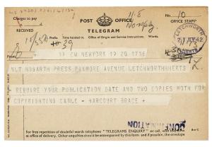 Image of typescript telegram from Harcourt, Brace and Company to Hogarth Press (21/07/1942) page 1 of 1